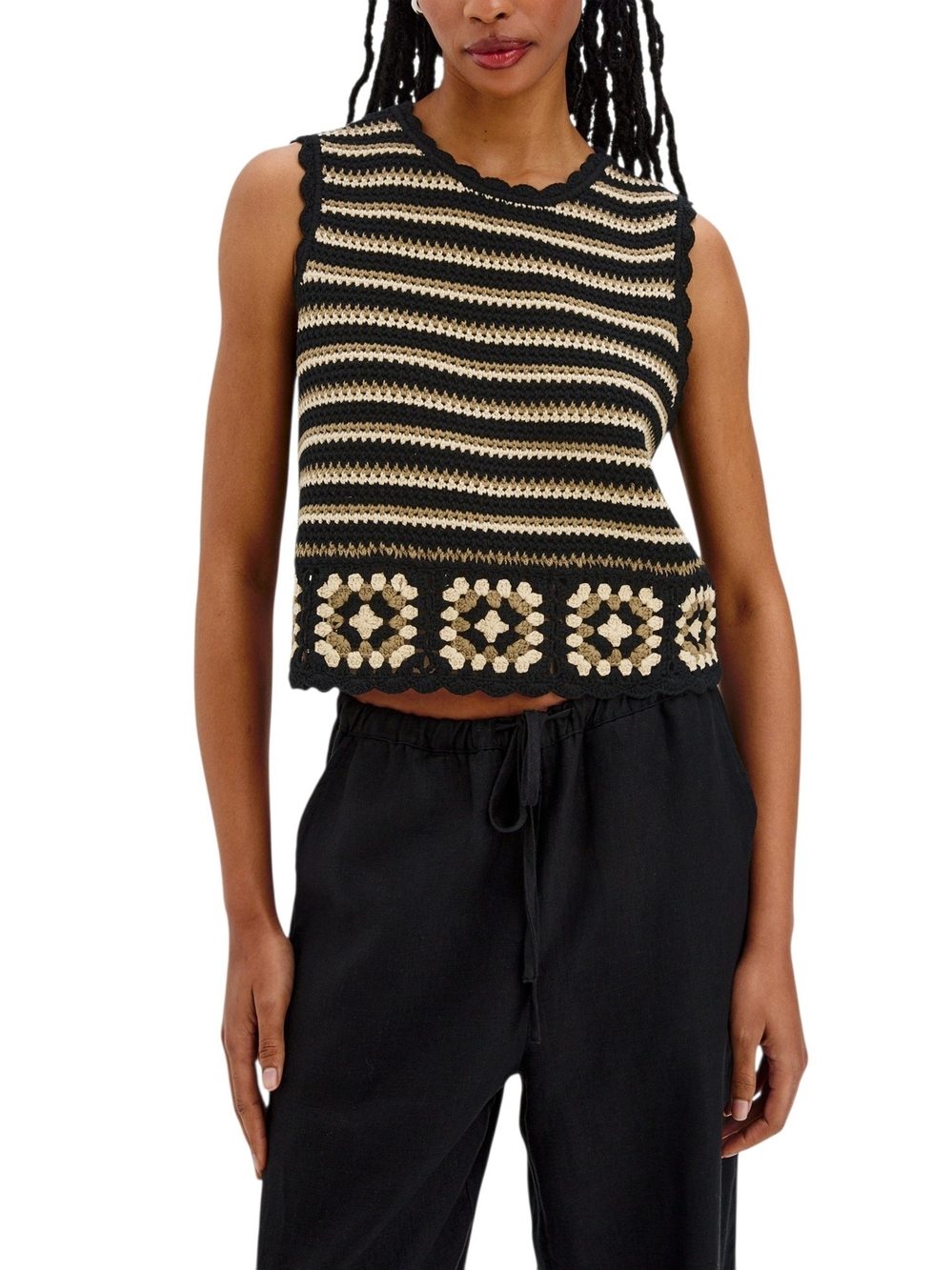 Rails Hazel Top Milos Crochet Black Tan Cotton Size L